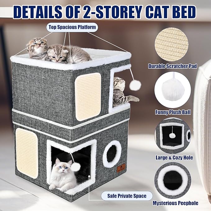 2-Story Cat House for Indoor Cats, Dual-Purpose Cave Bed with Scratch Pad and Fluffy Ball, Foldable Cat Hideaway, Cute Condo Furniture for Multi Small Pet Kitten, Grey