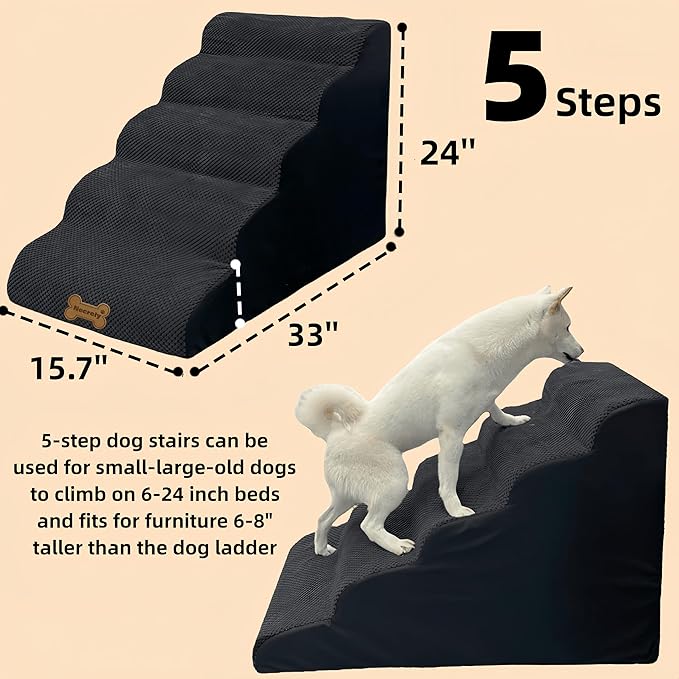 Dog Stairs & Pet Ramp for Small/Large Dogs to High Beds/Couches - 5 Steps 24-inch Height for 18-30 inch Furniture, 2 Washable Covers (Black, Grey), Non-Slip Balanced 33D Design for Old Dogs & Cats