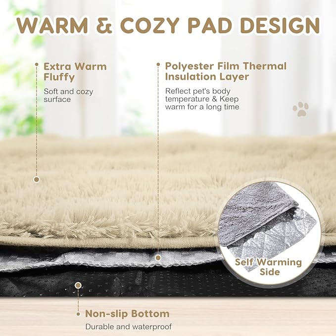 4 Pack Self Warming Cat Bed Pad Self Heating Dog Mat with Fluffy Faux Fur Plush Cat Calming Bed Thermal Mat Washable Pet Pad Anti Slip Bottom for Outdoor Indoor Pets(Camel,16" X 20")