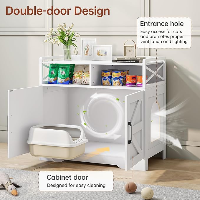 Cat Litter Box Enclosure Furniture - Hidden Litter Box Cabinet with Scratch Pad & Odor Control | Farmhouse Style End Table for Cats | Discreet Cat Washroom for Living Room & Bedroom White