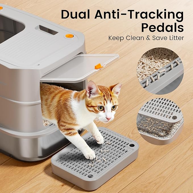 Extra-Large Stainless Steel Cat Litter Box with Lid, Dual Entry Design (Front & Top), Leak-Proof & Odor-Free, Easy to Clean Metal Kitty Litter Pan with Scoop & Filter Pedal