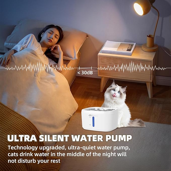 Meill Wireless cat Water Dispenser with 220° Motion Sensor & Quiet Pump, 85oz/2.5L Capacity, Battery Operated for Indoor and Outdoor use,Stainless Steel Drinking Tray, no Cleaning Hassle