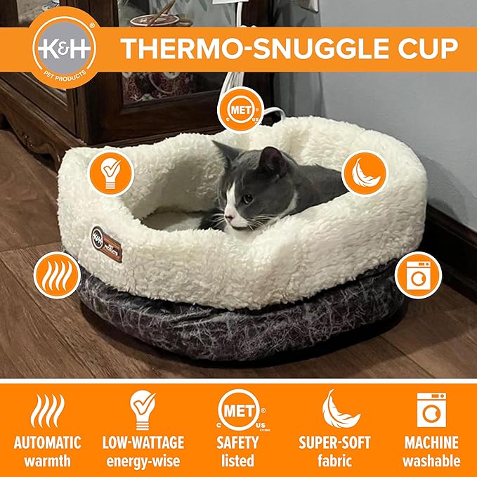 K&H Pet Products Heated Cat Bed Indoor, Thermo-Snuggle Cup Bomber Soft Heated Pet Bed for Large Indoor Cats and Small Dogs, Machine Washable, Waterproof Heated Pad, Safety Listed - 14x18in Gray