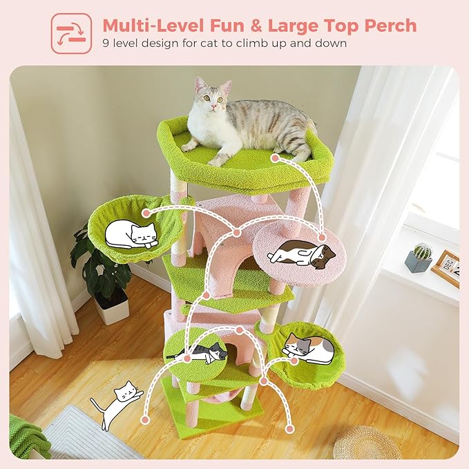 PAWZ Road Tall Cat Tower, 70 Inch Cat Tree with Hammock, 5 Scratching Posts, 2 Condos and a Large Top Perches for Large Cats-Pink