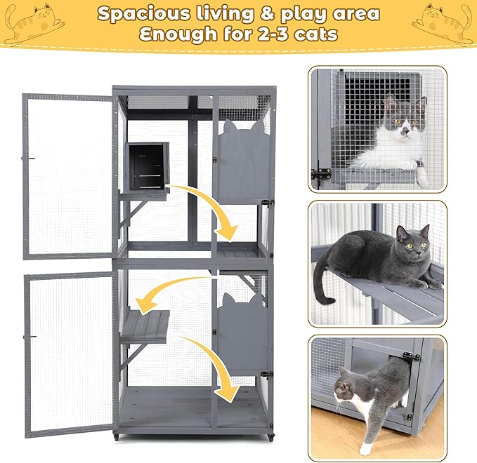 COZIWOW Catio Outdoor Cat Enclosure Window Access, Outdoor Cat House with Wheels, Cage for Cats Indoor(Grey, Medium)