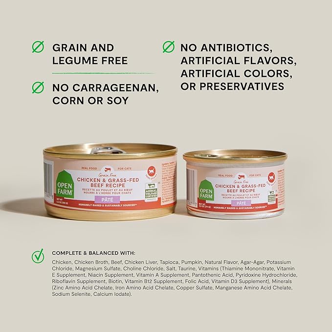 Open Farm Canned Cat Food, Paté for Complete & Balanced Nutrition, Grain-Free and Legume-Free Wet Cat Food, Chicken & Beef Recipe, 5.3oz Cans (Case of 12)