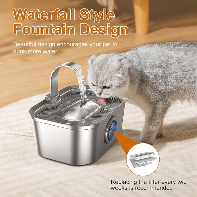 Bobo&Dragon Automatic Stainless Steel Cat Water Fountain for Cats & Dogs 124oz/3.5L - Quiet Water Dispenser Bowl with Pump, Fresh Filtered Hydration, Easy Clean, Leak-Proof Design for Indoor