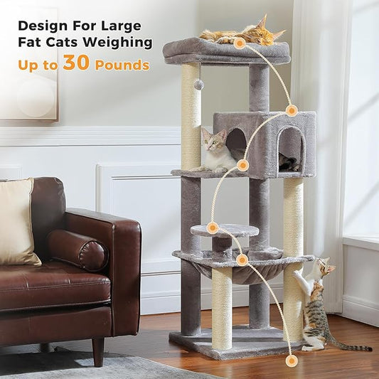 Large Cat Tree with Reinforced Scratching Posts (φ3.7in) for Big Adult Cats 30 lbs, 57.8" Heavy Duty Cat Tower with Larger Hammock and Condo, Cat Furniture for Maine Coon, Plush,Grey