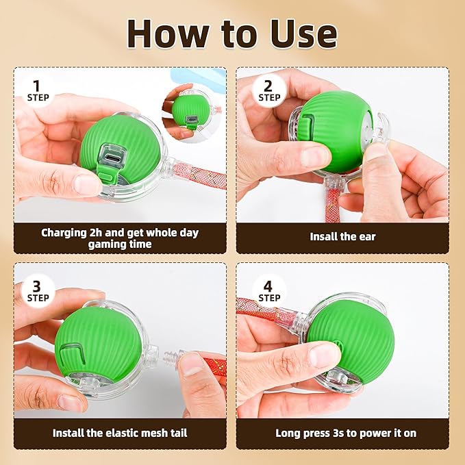 Interactive Cat Toy Ball for Indoor Cats, 2025 New Fast Self Rolling Ball Cat Toy on Carpet, Smart Interactive Automatic Cat Toy Ball for Gifts, Moving Cat Toy with Elastic Mesh Tail(Green)