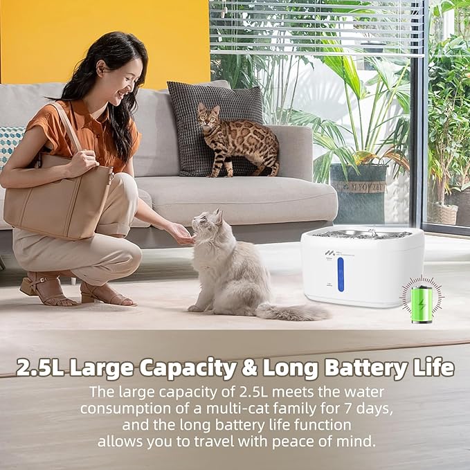 Meill Wireless cat Water Dispenser with 220° Motion Sensor & Quiet Pump, 85oz/2.5L Capacity, Battery Operated for Indoor and Outdoor use,Stainless Steel Drinking Tray, no Cleaning Hassle
