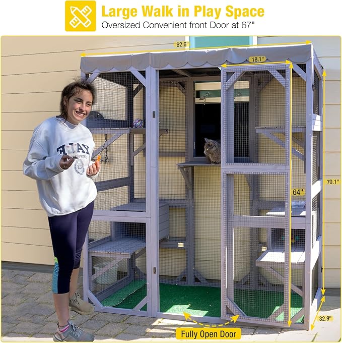 Aivituvin Cat House Outdoor Catio Kitty Enclosure with Super Large Enter Door,Wooden Cat Cage Condo Indoor Playpen with Platforms,Small House,70 Inch
