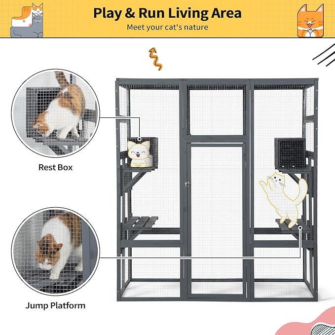 COZIWOW 70Inches Large Stable Spacious Wooden Catio Outdoor Cat Enclosure with Perches and Condos, Cat Cage Indoor with Waterproof Roof, 7 Platforms & 2 Resting Box, UV Resistant (Grey)