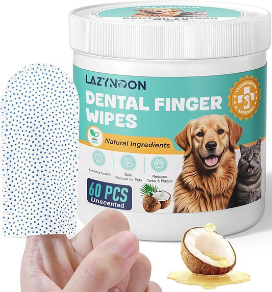 LAZYNOON Dog Teeth Cleaning Wipes - Dog Dental Wipes, Pet Dental Finger Wipes for Dogs & Cats Teeth with Brushing Beads, Removes Plaque and Tartar Buildup, Freshens Breath, 60 Count