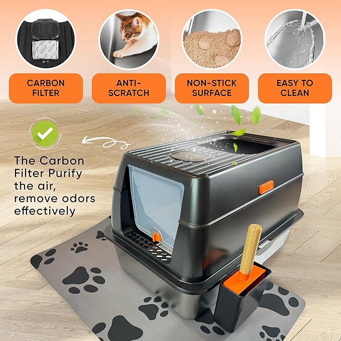 Stainless Steel Litter Box with Lid, Metal Litter Box with Scoop and Pedal, Non-Stick Top Entry Kitty Box, Covered Litter Boxes, Extra Large Cat Stainless Litter Boxes with Mat (Black)