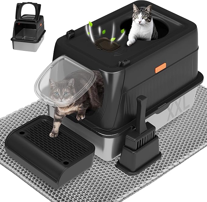 Citylife Stainless Steel Cat Litter Box with Lid, Front & Top Entry Extra Large Metal Kitty Litter Box Enclosure with Scoop & Double Layer Mat, Anti-Leakage, Non-Sticky, Black
