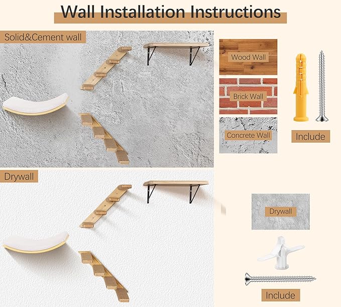 Cat Wall Stairs and Wall Shelves, 4 Piece Wood Cats Furniture Set, Padded Curved Bed with Foam, Flat Shelf & Climbing 4 Steps Stairs for Large Indoor Cats