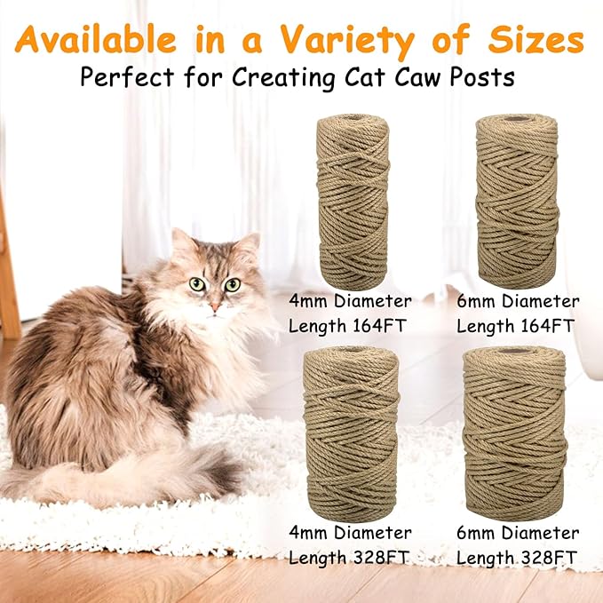 Jute Rope for Cat Scratch Post 1/4" Diameter 164 FT Cat Natural Hemp Rope Cat Tower Repair Rope Cat Tree Rope Replacement Recovering and DIY