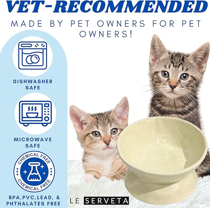 Ceramic Raised Cat Bowl, Elevated Pet Food Bowl for Small Dog, Cute Cat Dish Tilted, Whisker Fatigue, Wrinkle Texture (Yellow)