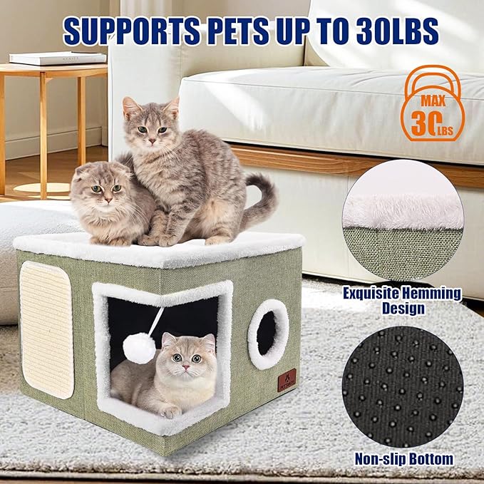 Cat Beds for Indoor Cats, Large Cat Cave Bed with Scratch Pad and Fluffy Ball, Foldable Cat Hideaway, Cat House with Reversible Cushion for Multi Small Pet Up to 30LBS, Green