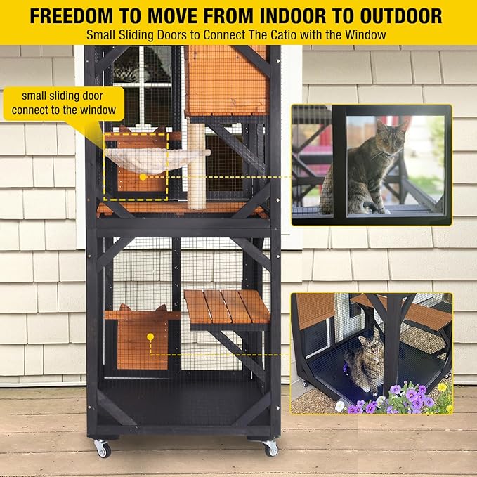 Aivituvin Cat House Window Catio Outdoor Cat Enclosure Mobile Kitty Shelter on Wheels Pet Cage with Resting Box,Hammocks,Waterproof Cover
