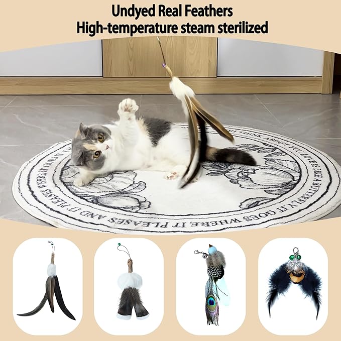 Cat Toy Feather Refills 5PCS with Bell,Clasp - Undyed Natural Cat Wand Refill Attachments Mouse,Feather,Bird for Bored Indoor Cats, Kittens to Chase and Exercise, Include Fishing Line