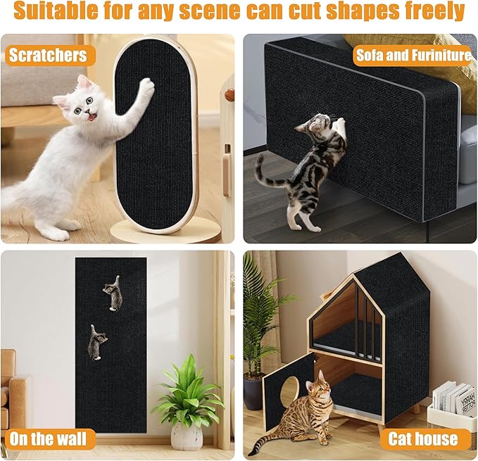 Cat Scratching mat Self-Adhesive, Trimmable Furniture Protector for Couch, Sofa, Wall & Cat Trees - Durable Scratch Pad with Nano Tape, DIY Climbing Carpet for Indoor Cats (Black, 78.7"x15.8")