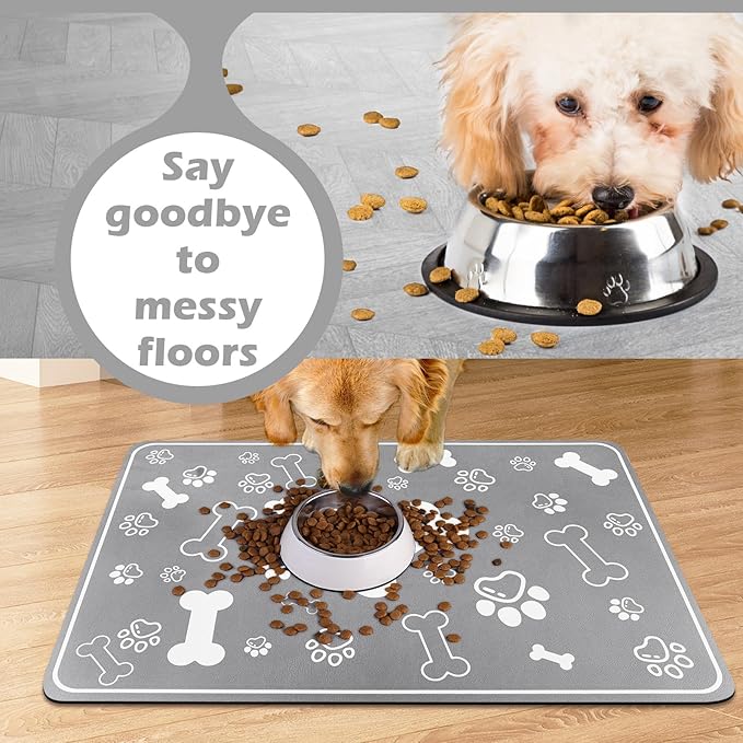 Pet Feeding Mat,Rapid Absorbent Mats for Dog Cat Food, Dog Placemat Water Bowl Mat with Rubber Backing,Messy Drinkers to Protect Floors, Pet Accessories 16"×24" Grey