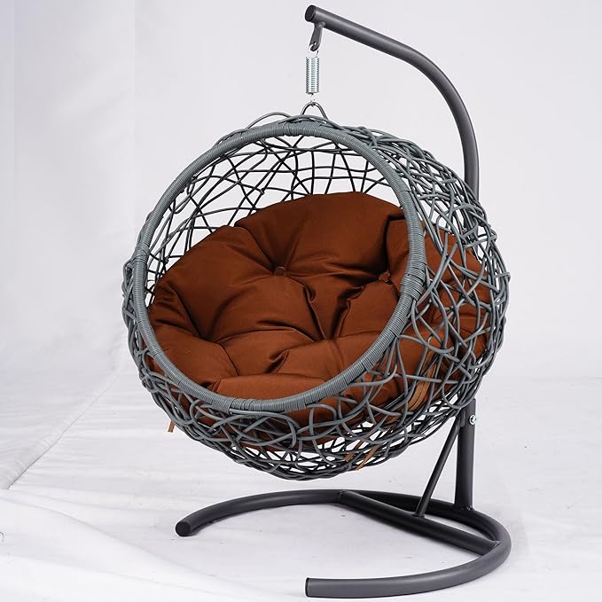 Cat Swing Bed with Stand & Cushion - Rattan Wicker Design, Indoor/Outdoor Hanging Hammock for Cats and Small Pets, Brown