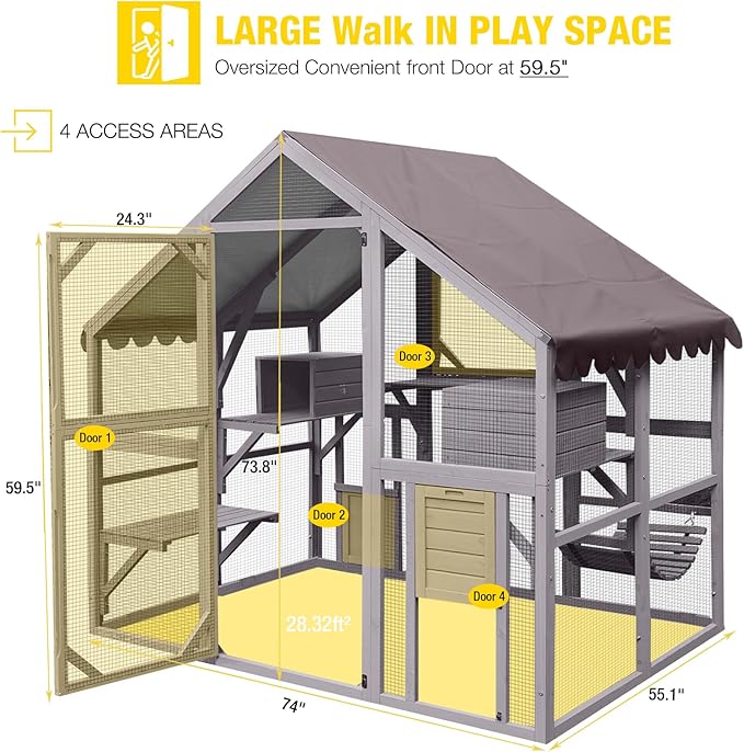 Aivituvin Catio Outdoor Cat Enclosure Large Cat Run with Bridges, Walks, Small Houses, Roof Cover 28.27 ft²