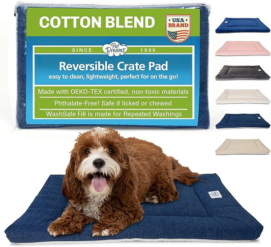 Pet Dreams Dog Crate Pad - Washable Kennel Mat, Crate Pads for Dog Cages, Non-Toxic, Flat Indoor Cat Bed, Fits iCrate 18, 24, 30, 36, 42, 48 Inches (Denim, Medium, 30")