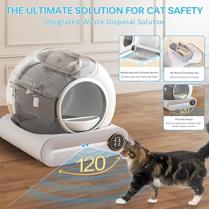 SUANPOT Self Cleaning Cat Litter Box, Automatic Robot Box for Multiple Cats, Smart Self Cleaning with Safety Protection, APP Control, Deodorization and Sterilization, Matte White