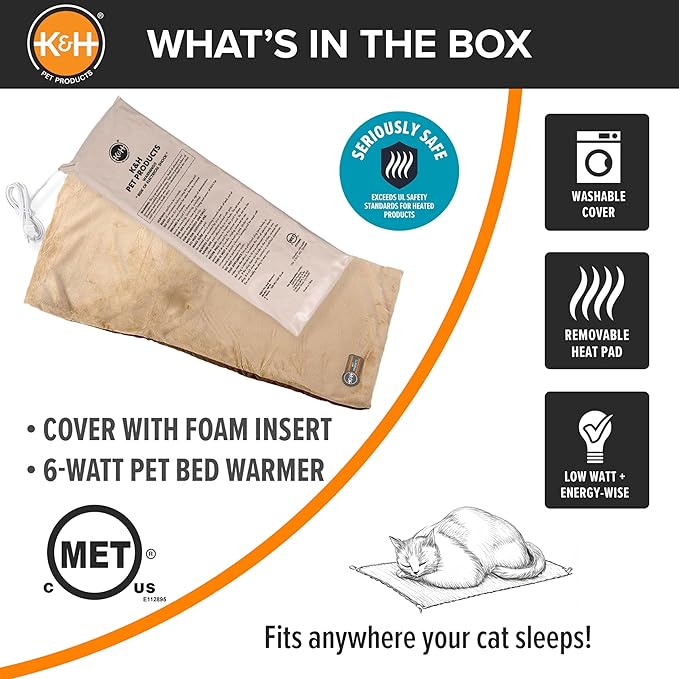 K&H Pet Products Heated Cat Bed Pad for Indoor Cats, Thermo-Kitty Mat Calming Warm Pet Heating Pad for Inside Pets, Machine Washable, Waterproof Heater, Safety Listed - 12.5 X 25in Mocha/Tan