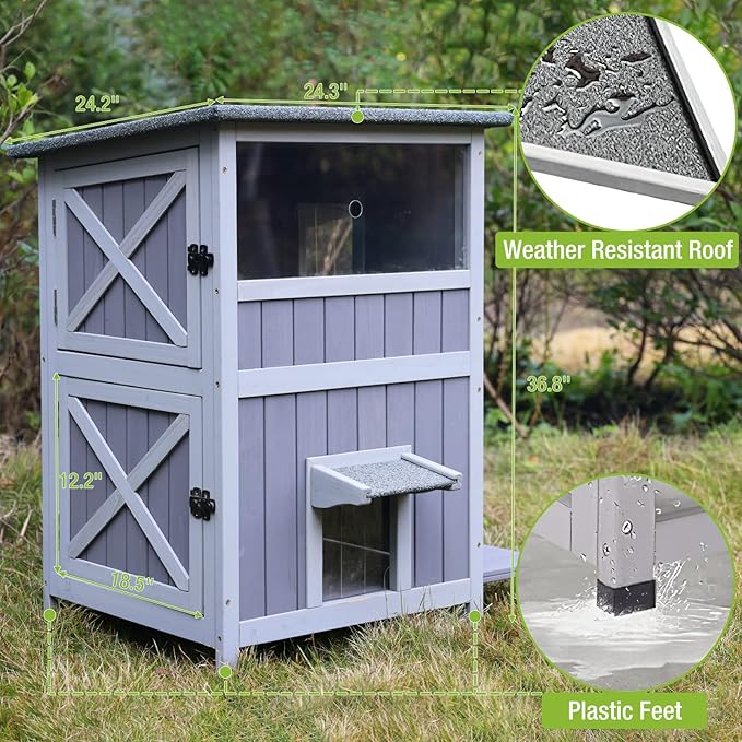 Outdoor Feral Cat House Outside Kitten Shelter 2 Story Cat Catio Enclosure Weatherproof Waterproof
