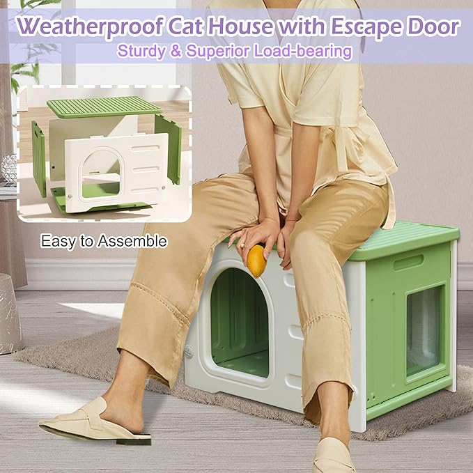 Deblue Plastic Cat House for Indoor & Outdoor, Waterproof Feral Cat House with Escape Door, Sturdy Pet Shelter for Cats, Puppy, Rabbit, Easy to Assemble and Clean-Green
