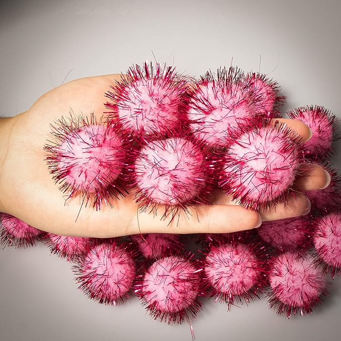 VAPKER 30 Piece 1.5" Pink Color Sparkle Balls Cat's Favorite Toy Tinsel Pom Poms Glitter
