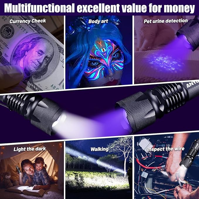 2-in-1 Black Light & White LED Flashlight, 395 nM UV Flashlight with Clip, 500Lm White LED Zoomable Tactical Flashlight, 4 Modes, IP55, UV Black Light for Pet Urine Detection, Resin Curing & Scorpions