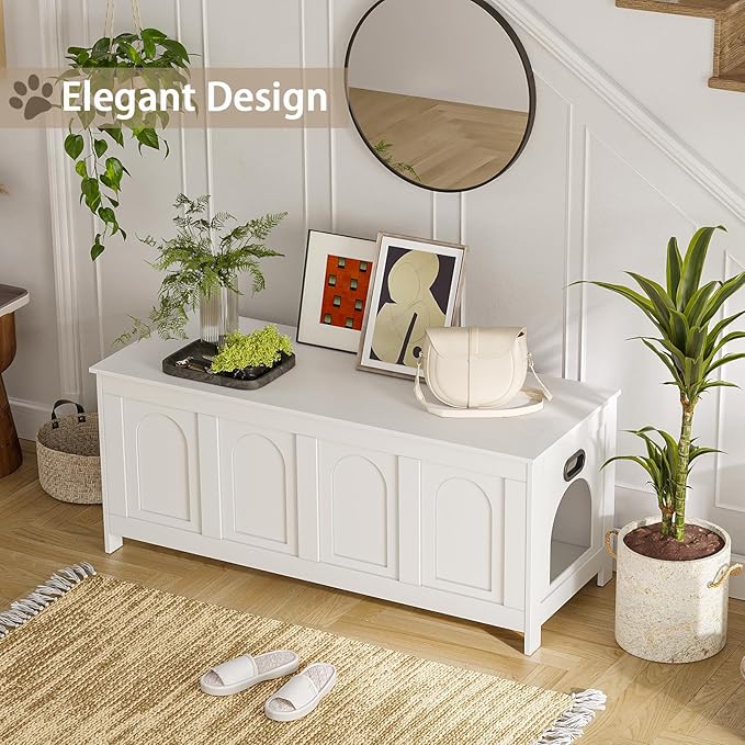 DINZI LVJ Cat Litter Box Enclosure, Flip Top Litter Box Furniture, Hidden Cat Washroom, 2-Entrances Wooden Pet House, 47.2" L x 18.7" W x 19.7" H, End Side Table, TV Stand, Easy to Assemble, White