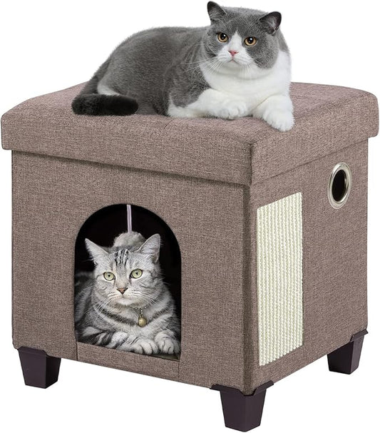 BRIAN & DANY Foldable Cat House for Indoor Cats, Large Cat Cube for Pet Cave with Scratch Board & Ball, 14.7" x 14.1” x 12.7”, Brown