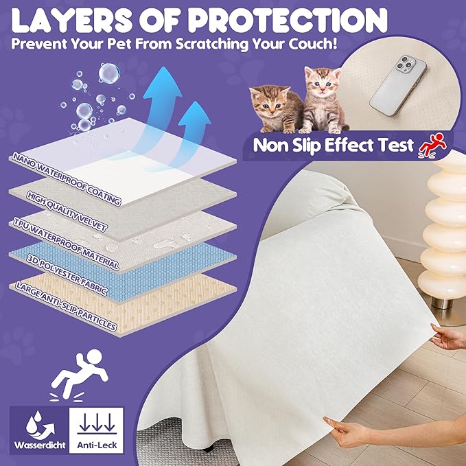 Cat Scratch Furniture Protector - Anti-Slip, Waterproof Sofa Cover to Keep Cats Off, Pet-Friendly Couch Protectors for 3 Cushion Couch, Beige Anti-Scratch Couch Cover for Pets and Kids 118"X71"