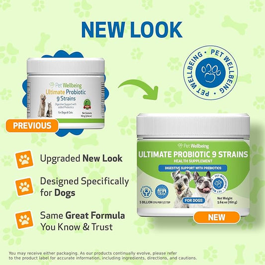 Pet Wellbeing - Ultimate Probiotic 9 Strains for Cats and Dogs - Natural Support for Digestion and Urinary Tract Health 160 Grams.