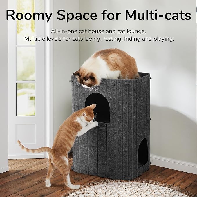 FUKUMARU Cat House for Indoor Cats, 2-Storey Large Cat Bed Cave, Cozy Felt Covered Cats Tunnel Condo Hideaway for Multicats, 17.72x14.37x23.62 inches, Dark Grey