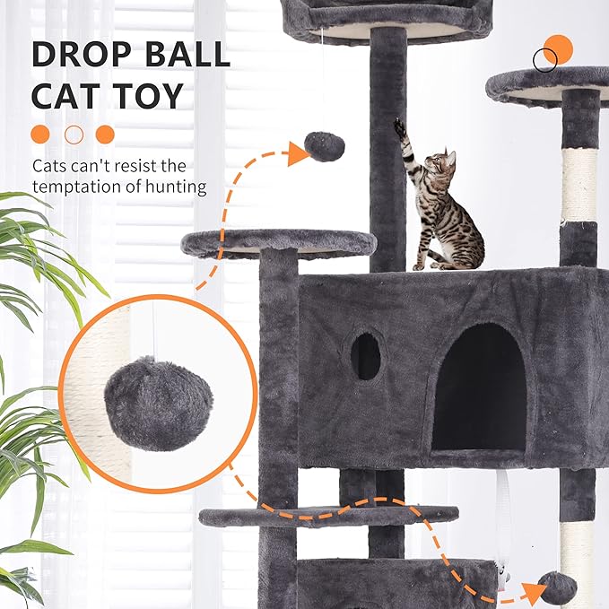 BestPet | 70" Cat Tree Tower | Light Gray | Sturdy, Easy to Assemble, Multi-Level Activity Center with Sisal Scratching Posts, Condos, Perches, Hanging Cat Toys, Observation Decks & Ladder