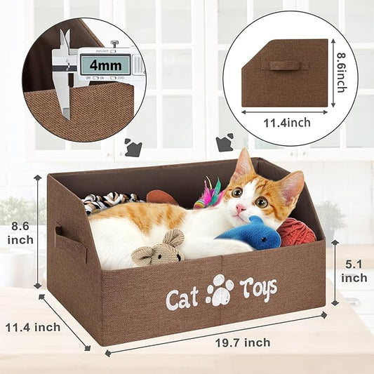 2X Thicker Large Cat Toy Bin - Collapsible Box, Sturdy Basket, Kitten Storage Bed for Organizing Toys, Treats, Clothes and Accessories (Brown)