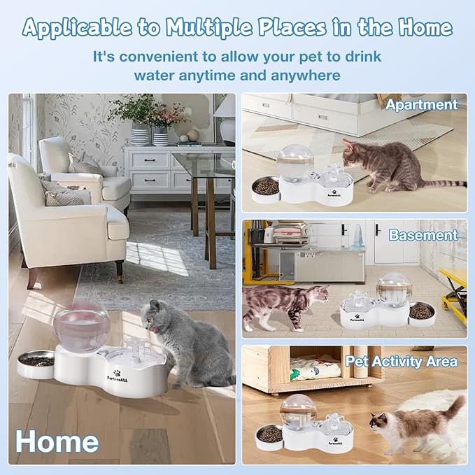 95oz/2.8L Pet Fountain 2 in 1 Set, Automatic Cat Water Fountain with Stainless Steel Feeding Tray, Cat Water Dispenser for Cats, Dogs, Quiet Anti-Dry Boil Water Pump, 3 Drinking Modes (White, WF180)