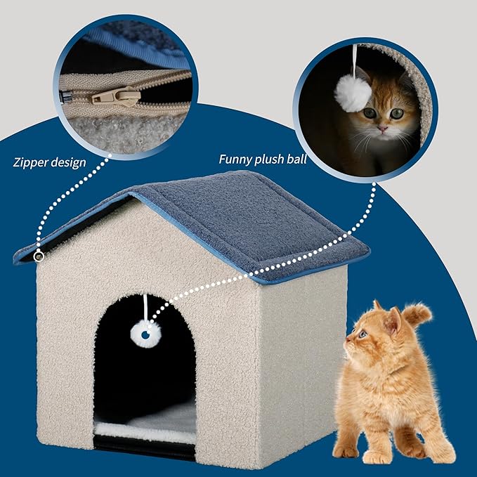 Foldable Cat House with Plush Hanging Ball - Cozy Cottage-Style Pet Bed, 18.9"x17.7"x17.3" Off-White | Slanted Roof & Arch Door for Indoor Kittens