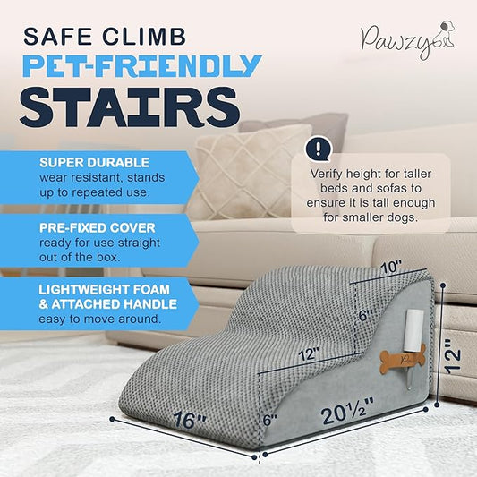 PAWZY Foam Pet Stairs for Bed, Couch or Window PREFIXED Cover - Wide Dog Steps for Bed, Waterproof, Non-Slip Base - 2 Tier Ramp, 12'' Height, Stairs for Small Dogs, Puppies, Cats -(Gray, 2 Step, 1)