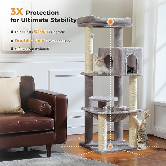 Large Cat Tree with Reinforced Scratching Posts (φ3.7in) for Big Adult Cats 30 lbs, 57.8" Heavy Duty Cat Tower with Larger Hammock and Condo, Cat Furniture for Maine Coon, Plush,Grey