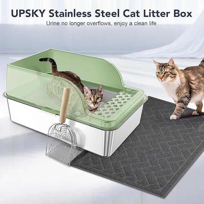 UPSKY Stainless Steel Cat Litter Box with Lid, XL Large Metal Litter Box for Large Breeds, Enclosed Kitty Litter Pan with High Sides, Leak-Proof & Non-Stick, Easy to Clean, Scoop and Mat Included