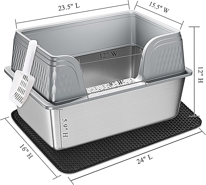 Vealind XXL Stainless Steel Cat Litter Box High Sided with Lid 23.7" L x 16" W x 14" H Anti Leakage Extra Large Metal Cat Litter Tray with Scoop and Mat for Big Cats (Grey)