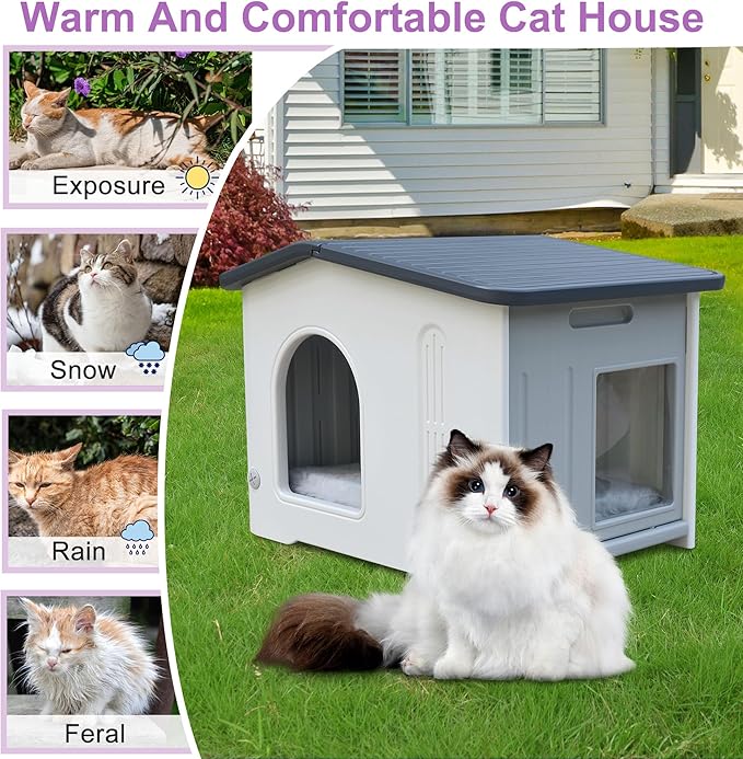 Rockever Plastic Outdoor Cat House with Escape Door, Waterproof Cat Shelters for Feral Cats Indoor Cat House with Mat, Sturdy Cat House for Outdoor Cats, Assemble Easily-Grey